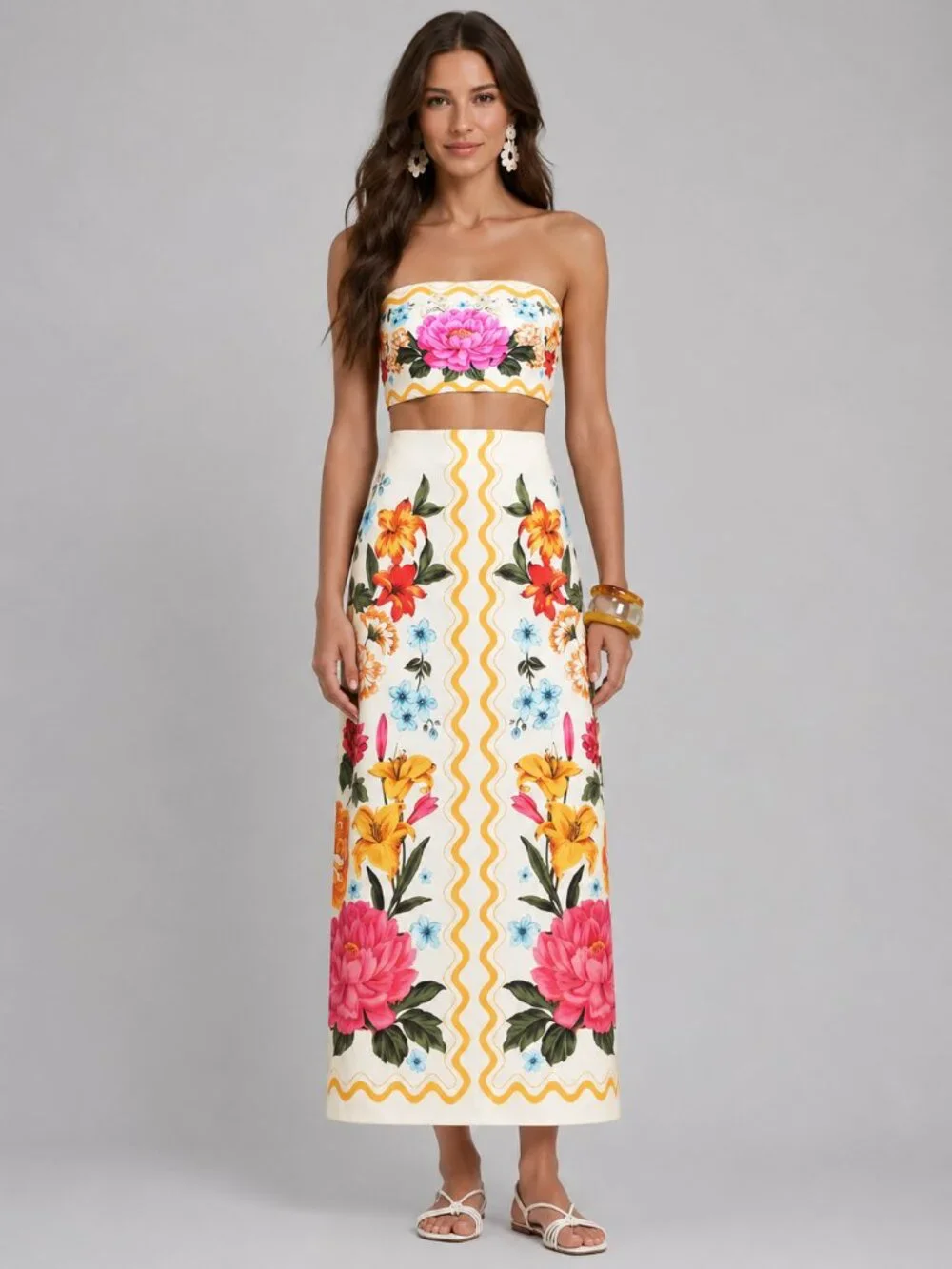 Women’s Boho Floral Strapless Crop Top & Maxi Skirt 2 Piece Vacation Set - Picture 1 of 6